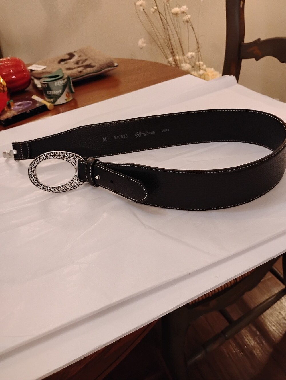 Brighton Black Leather Belt with Decorative Silver Oval Buckle